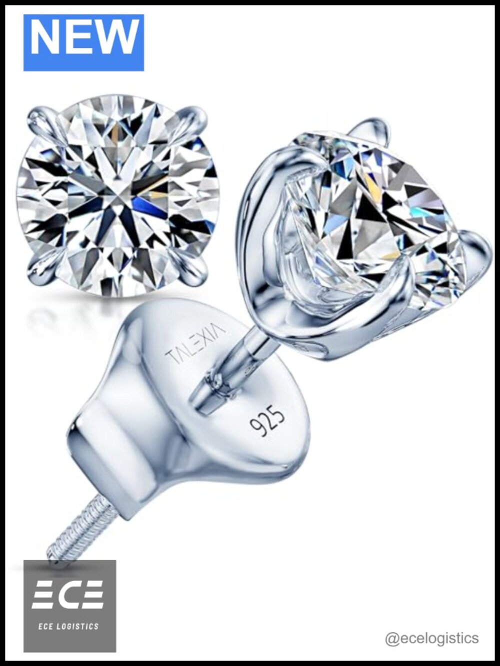 Moissanite Stud Earrings 2CTW S925 Sterling Silver 18K White Gold Plated Screw